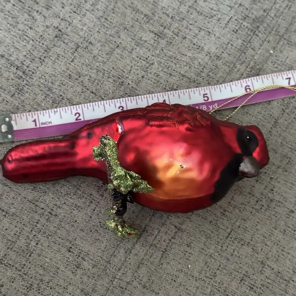 3 Blown Glass Christmas Holiday Ornament Red Cardinal on Branch Perch w/ Glitter